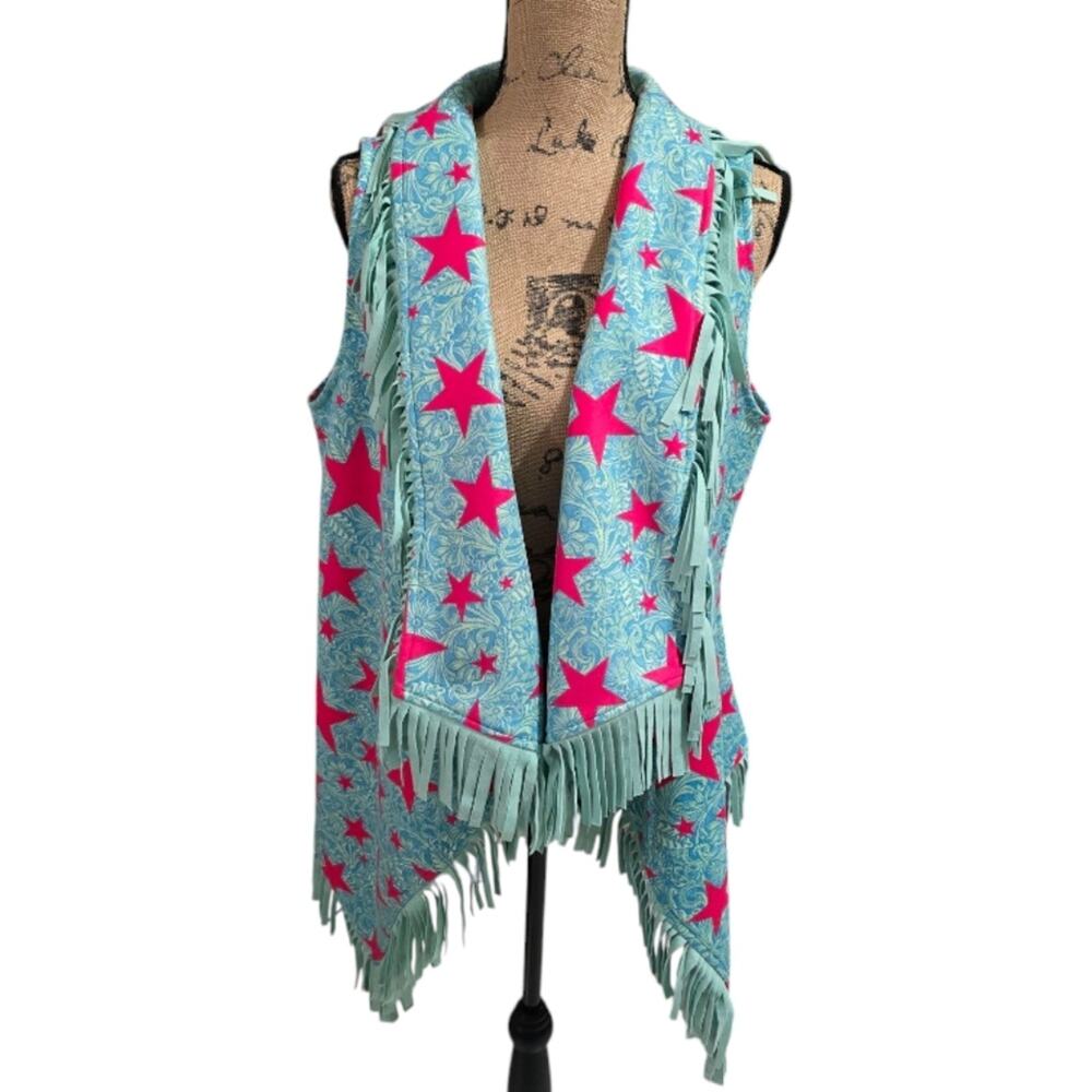Fringe Vest Sleeveless Top Aqua Blue Pink Star Print Fun Western Cowgirl
